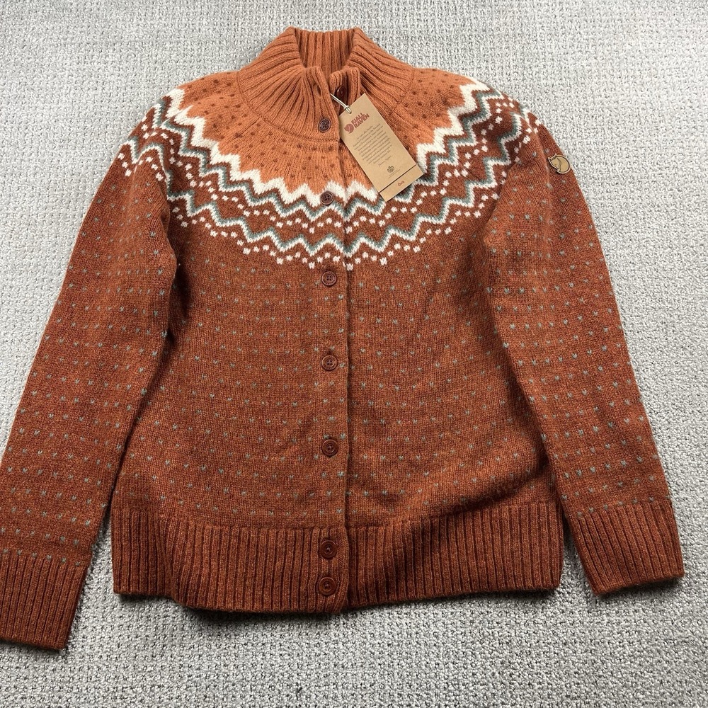 Fjallraven Ovik Knit Cardigan 100% Wool Sweater Autumn Leaf Women L 84148 NWT
